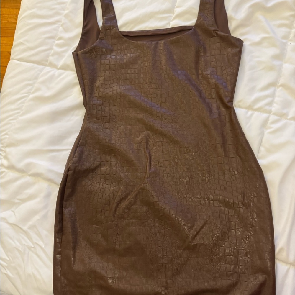 Brown Faux Leather Mini Dress
